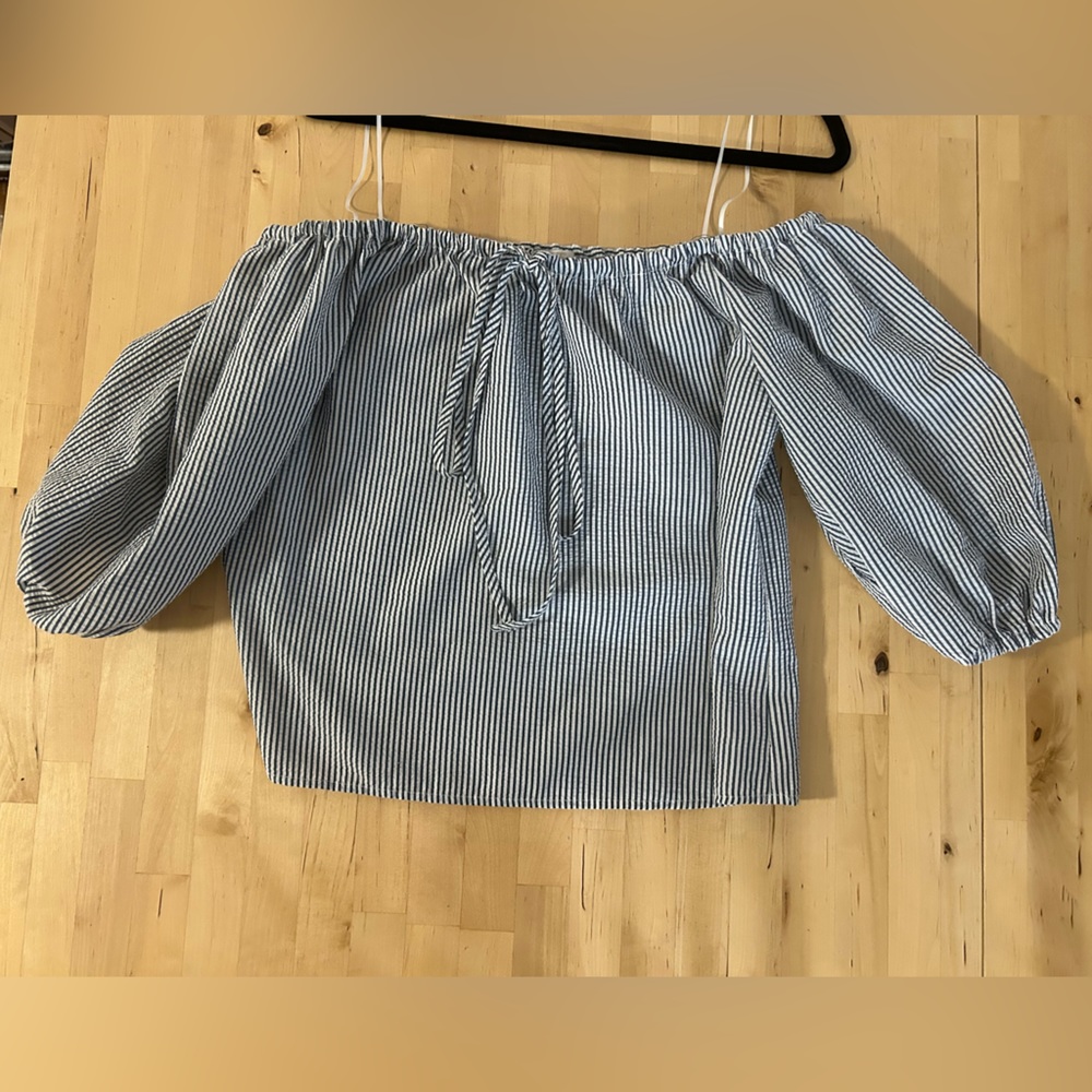 WAYF- Off the shoulder short- blue and white seersucker pattern- Size Small